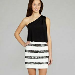 Black White One Shoulder Sequin Stripe Mini Skirt Fitted Dress